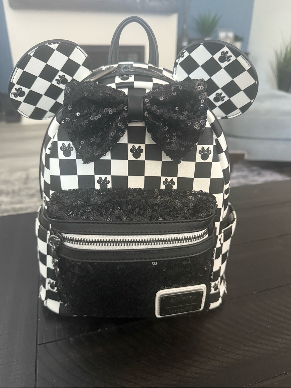 NWT Disney Black & White Checkered Mickey Loungefly MiniBackpack with Sequin Bow